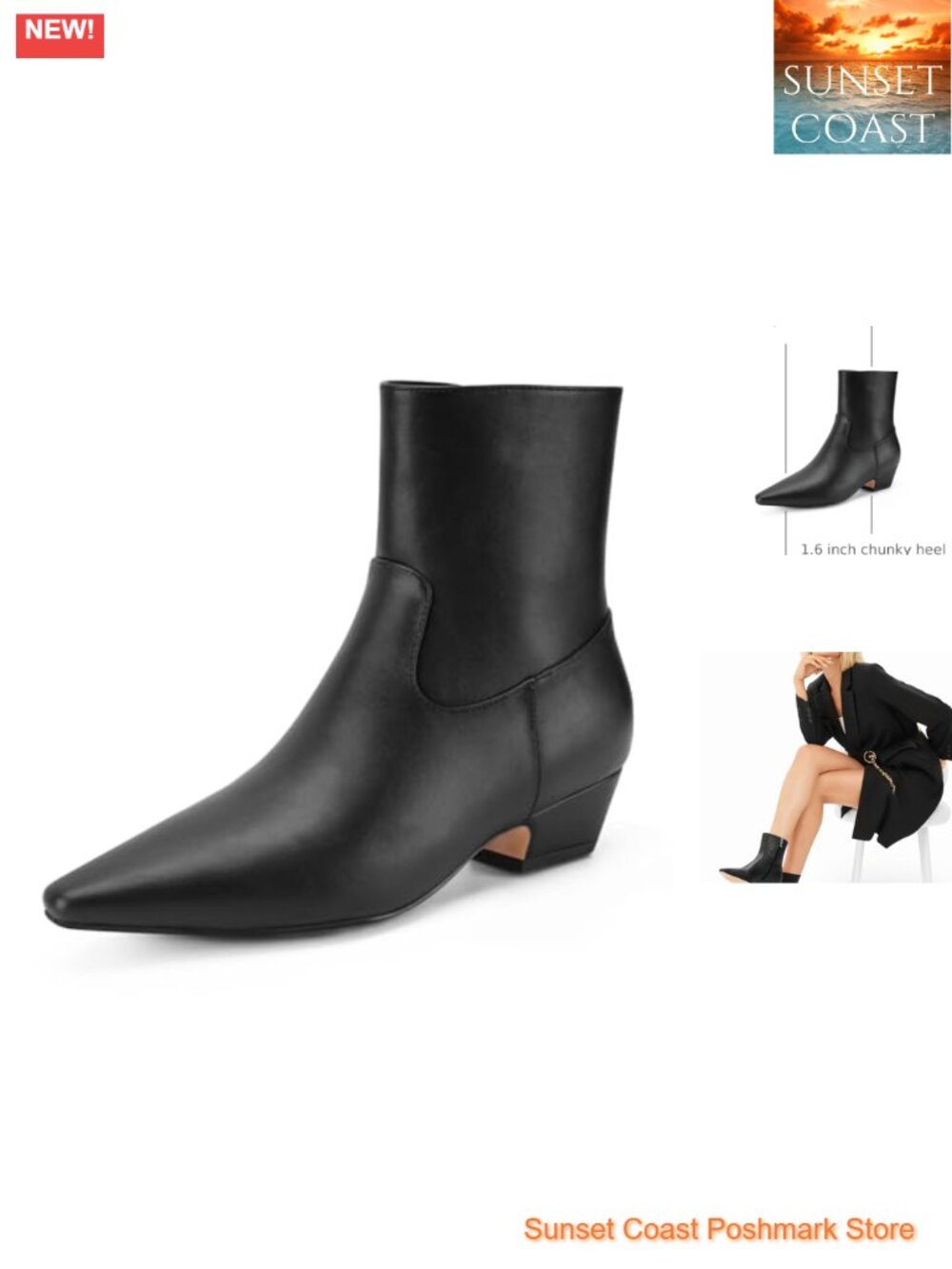 Women's Pointed Toe Chunky Low Heeled Ankle Booties Faux Leather
